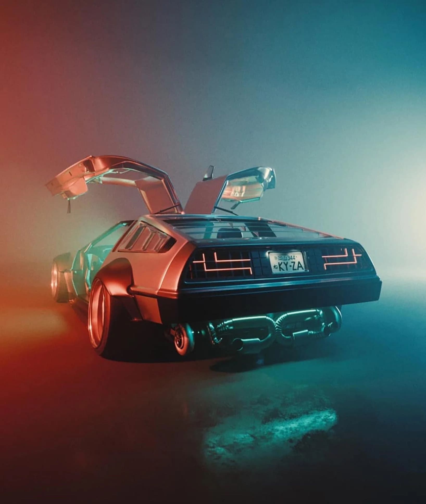 A cinematic DeLorean photographed in deep black with red and blue atmosphere.